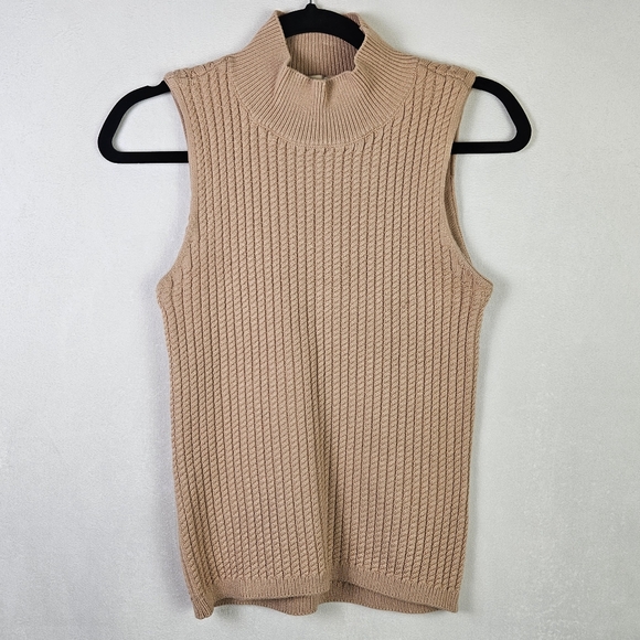 Elie Tahari Neutral Tan Heavy Knit Sleeveless Mock Neck Sweater Size Medium - Picture 1 of 7